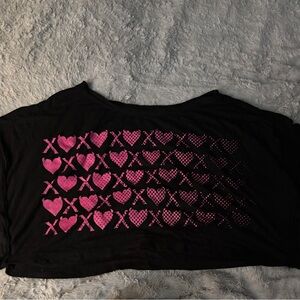 Y2K Hustler cross my heart crop Black Top Pink Hearts X small off shoulder loose
